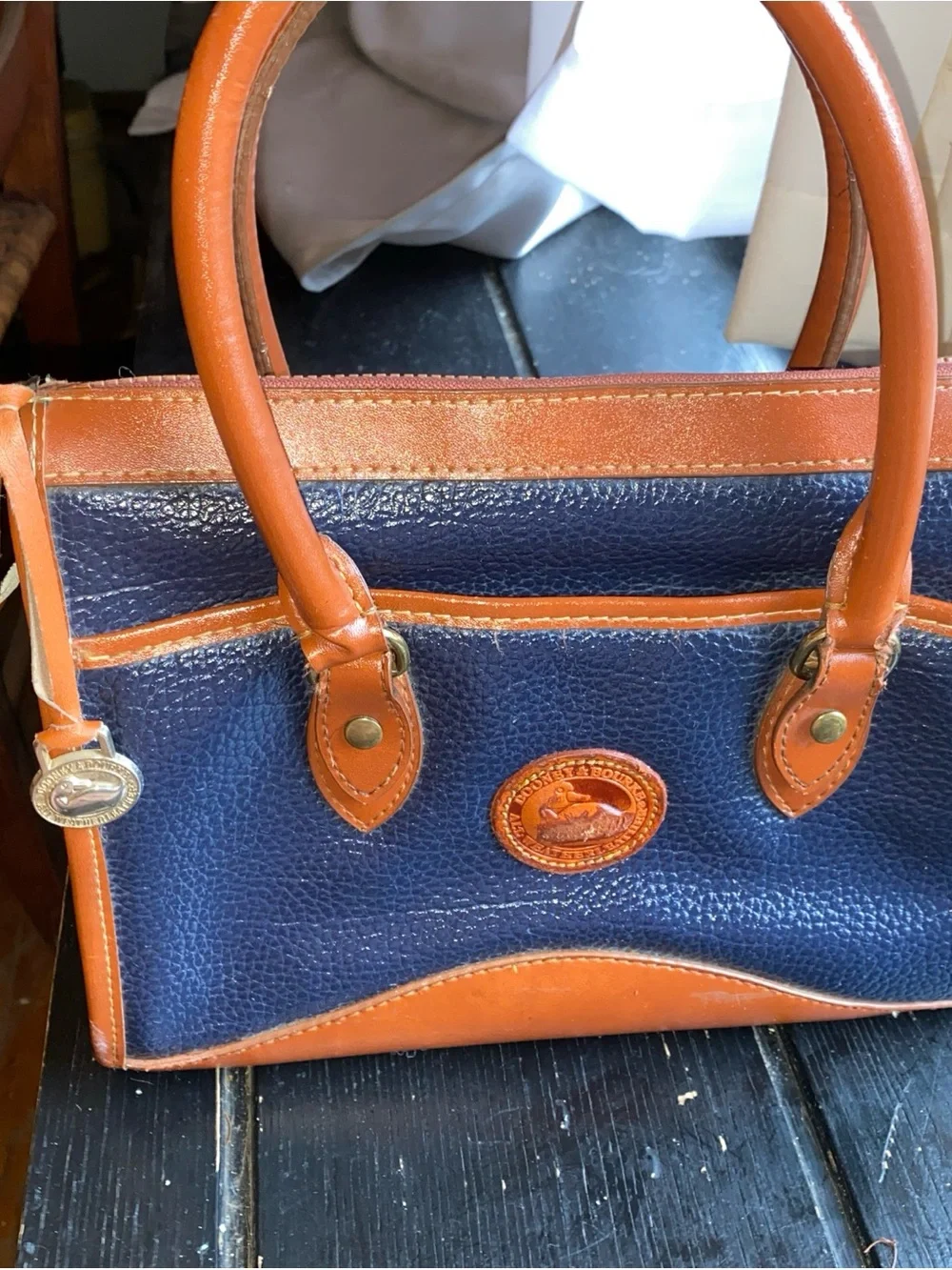 Dooney & Bourke Navy and Brown Pebbled Leather Satchel